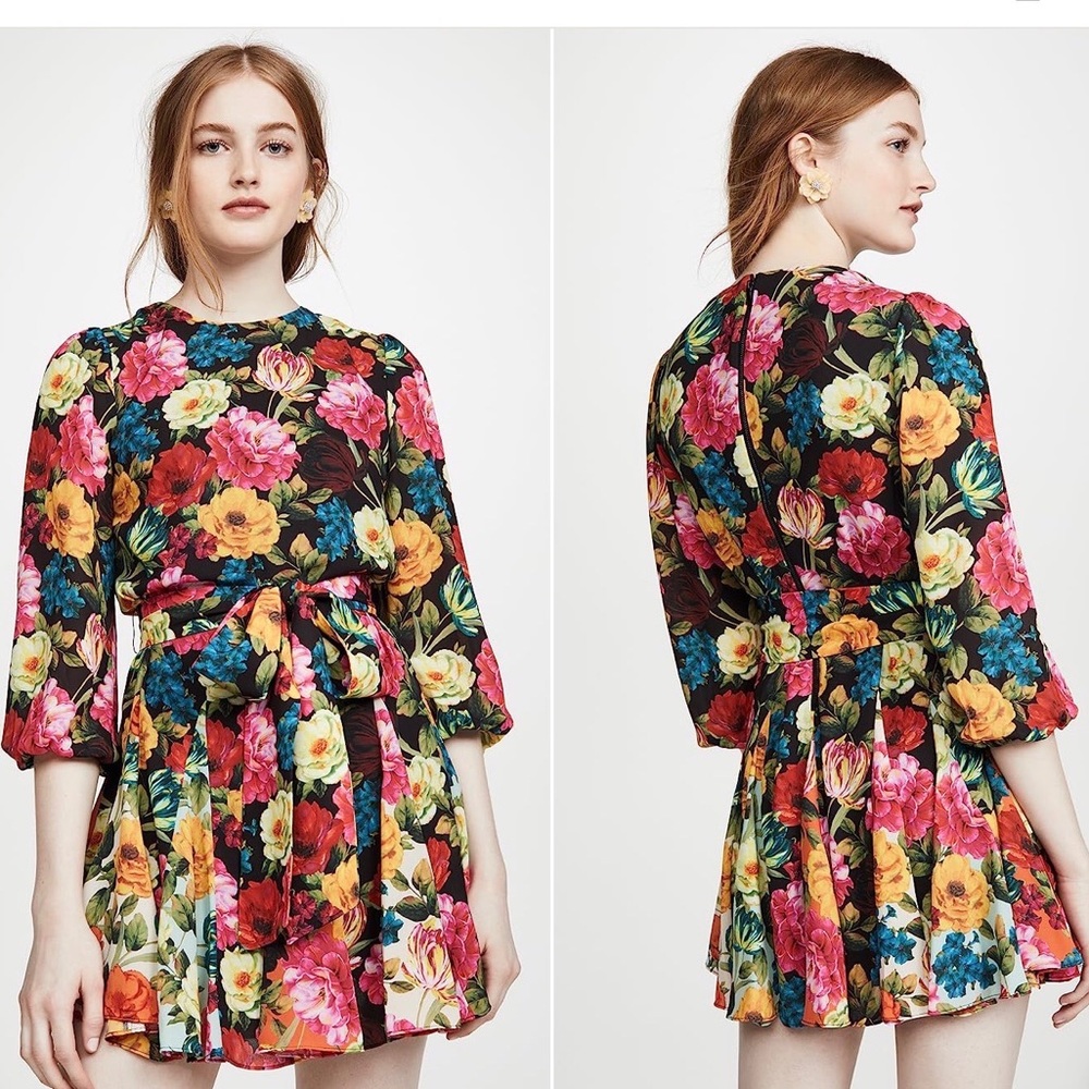 NWT Alice + Olivia Mina Puff Sleeve Godet Dress with Belt Floral Pattern